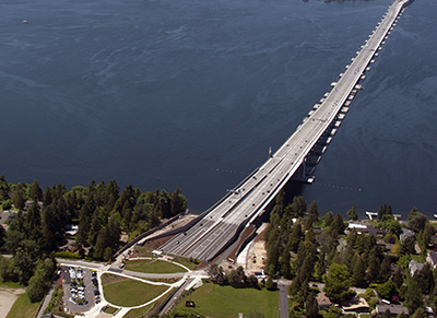 This aerial of the bridge, taken in May 2017, shows the completed SR 520 floating bridge.