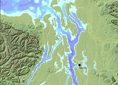 Present-day Puget Sound region. Note the generally north/south alignment of ridges along the direction of the ice flow. Melting runoff channels beneath the retreating glaciers carved broad valleys and deep north-south troughs that eventually became Puget Sound. Adapted from Thurson, 1989; topography from USGS.
